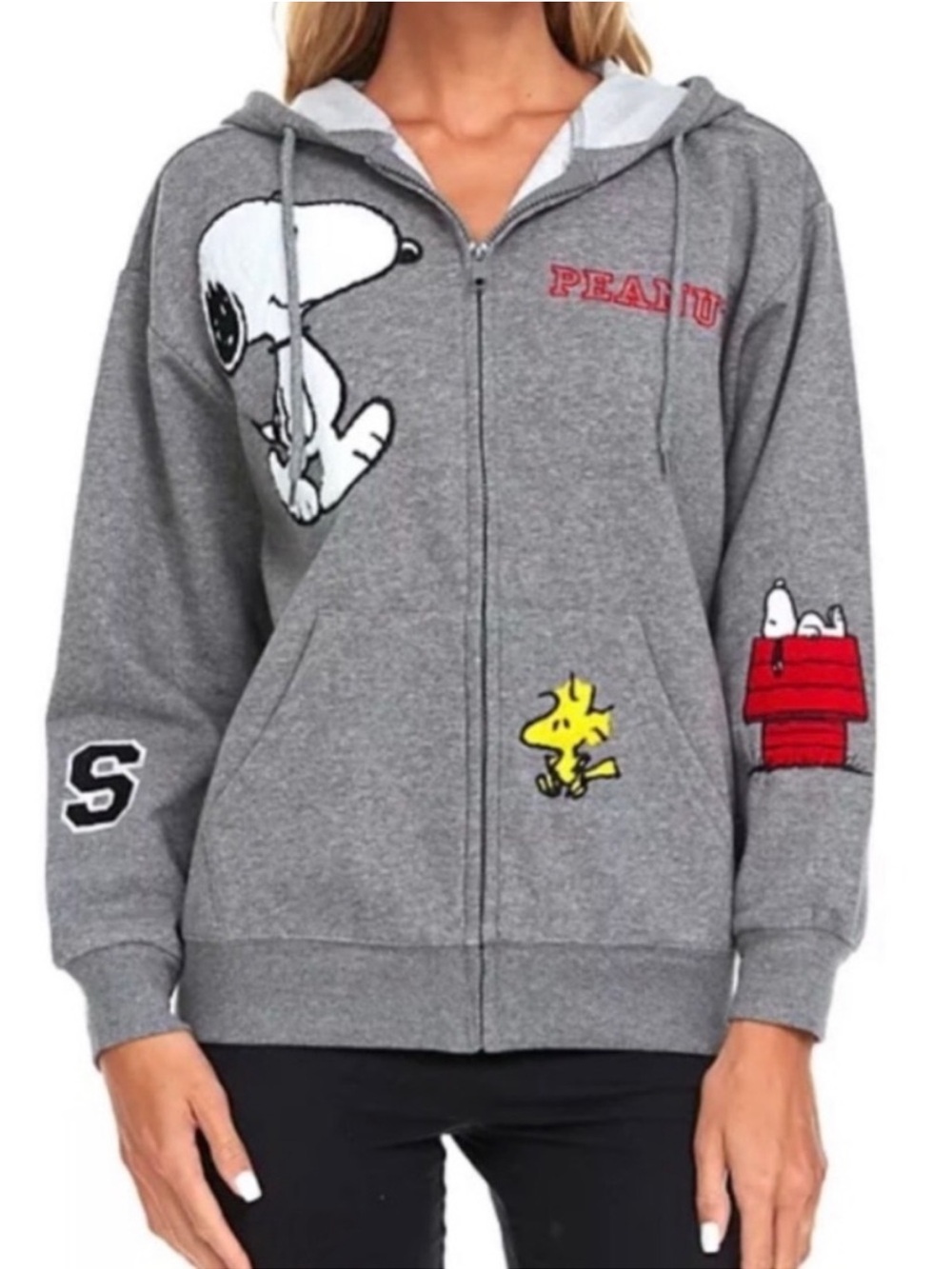 Peanuts Snoopy Embroidered Patchwork Graphic Zip-Up Hoodie - S